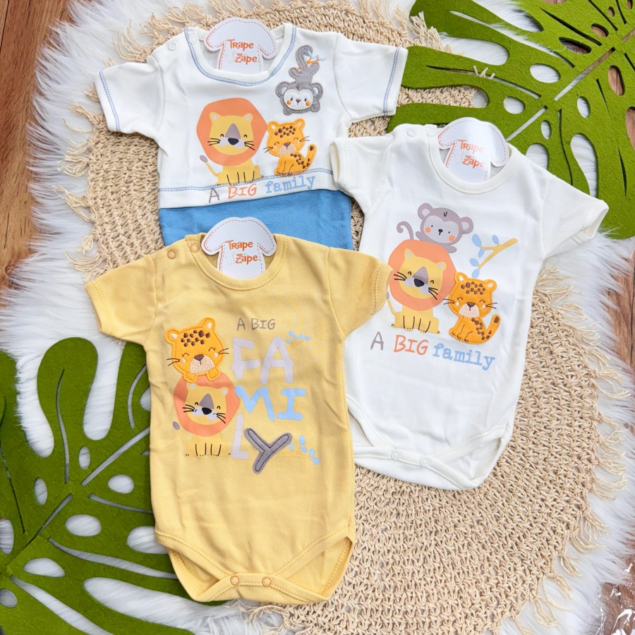 Kit 3 Peças - Bodys Manga Curta Wild Boy - Off White e Azul Jeans, Off White e Mostarda